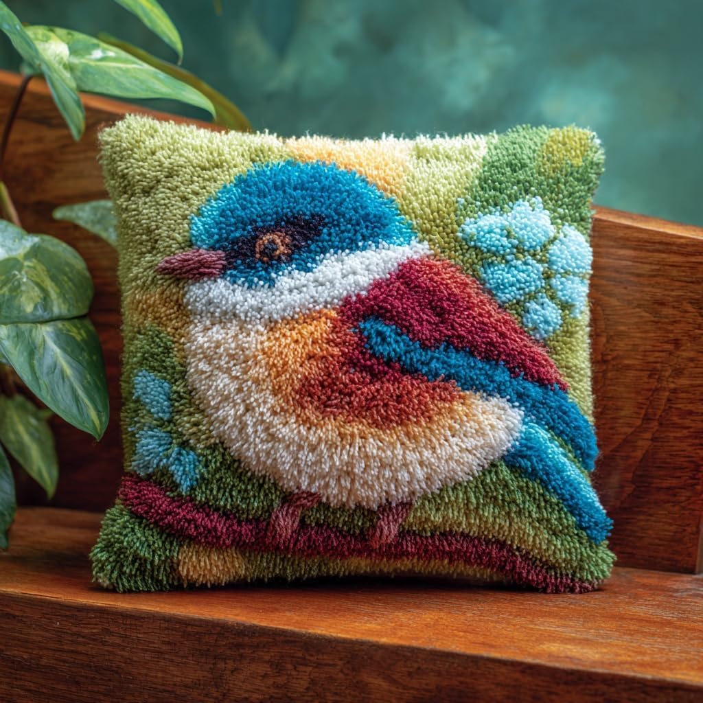 ZUHK Latch Hook Kits for Adults/DIY Pre-Printed Craft Latch Hook Pillow Kits fit for Throw Pillow Cover Sofa Cushion Cover,17x17 in (Kingfisher) — image 1