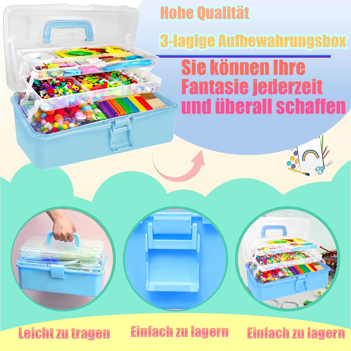 zycBernoi 2100+ Bastelset Kinder, Basteln Kinder Mädchen Jungen, Pfeifenreiniger Bunt Bastelkoffer Kinder, DIY Set für Kinder Zum Basteln und Dekorieren (Blau)