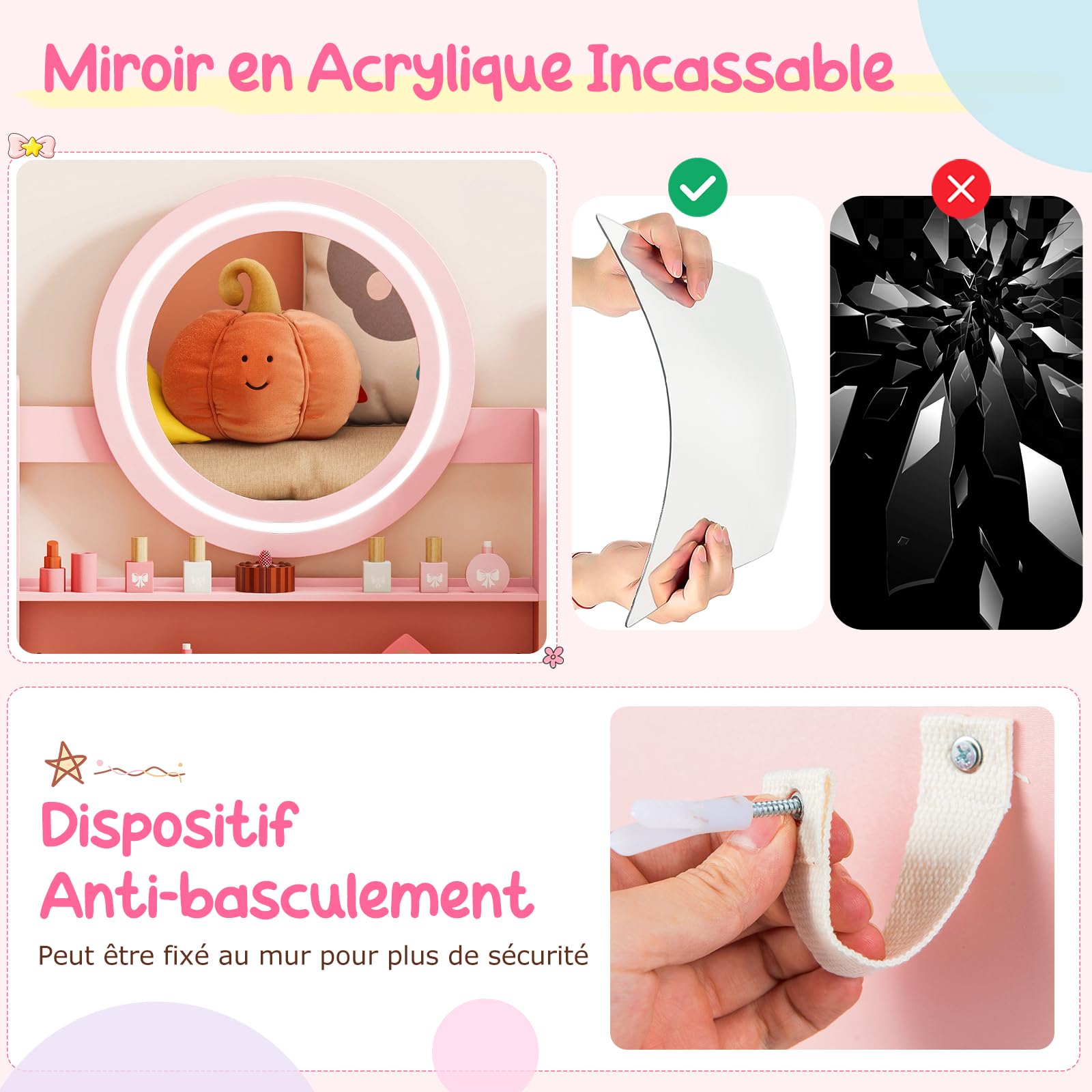 COSTWAY Coiffeuse Enfant Fille avec Tabouret et Miroir Lumineux, Bureau Enfant avec 4 Étagères Ouvertes et 3 Compartiments, Emplacements pour Bagues, Dispositif Anti-basculement pour 3 Ans+ (Rose)