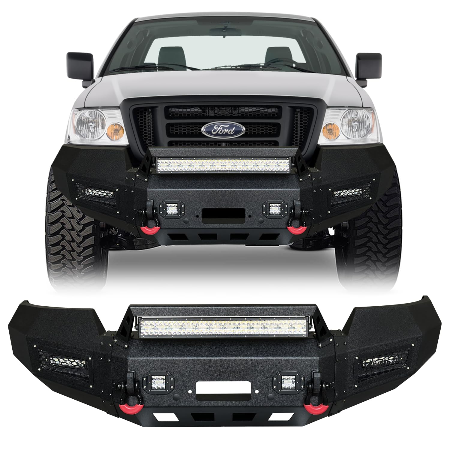 TIOYAR F150 Front Bumper Black Texture Compatible with 2004 2005 2006 2007 2008 Ford F150 w/Winch Plate & 5 Aluminum Lights $ 2 4.75T D-Rings