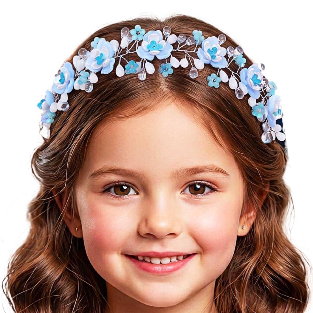 IYOU Fille de Fleur Serre-tête Bleu Fleuri Princesse Pièce de tête Cristal Communion Mariée Mariage Accessoires de Cheveux pour Filles