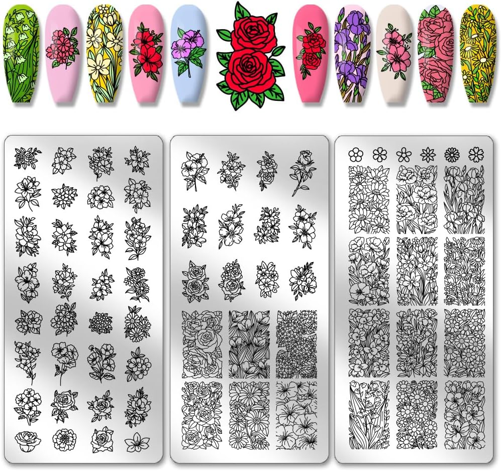PH PandaHall 3pcs Flowers Nail Stamping Plates, 68 Patterns Floral Rose Nail Art Templates Plant Nail Art Stencil Stainless Steel Nail Image Plates for Women Nail Design Print Manicure Salon Spring