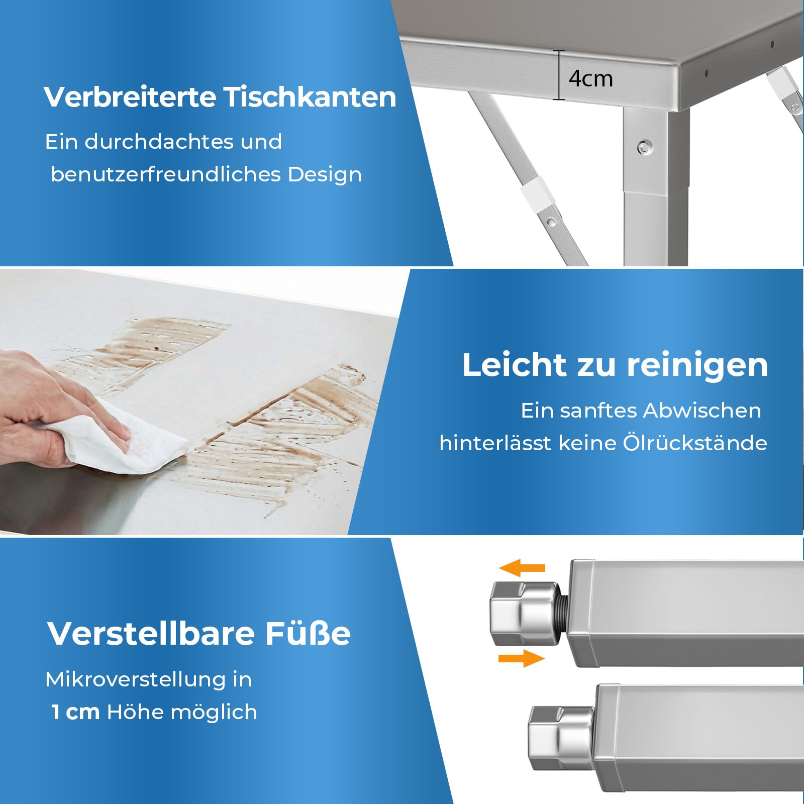 TLSUNNY Edelstahl Arbeitstisch Klappbar 120x60 cm, Edelstahl Klapptisch Outdoor mit 5 Haken, Höhenverstellbare Füße, Tragkraft 250kg, Gastro Küchentisch Grilltisch, Zubereitungstisch, Tisch für Küche