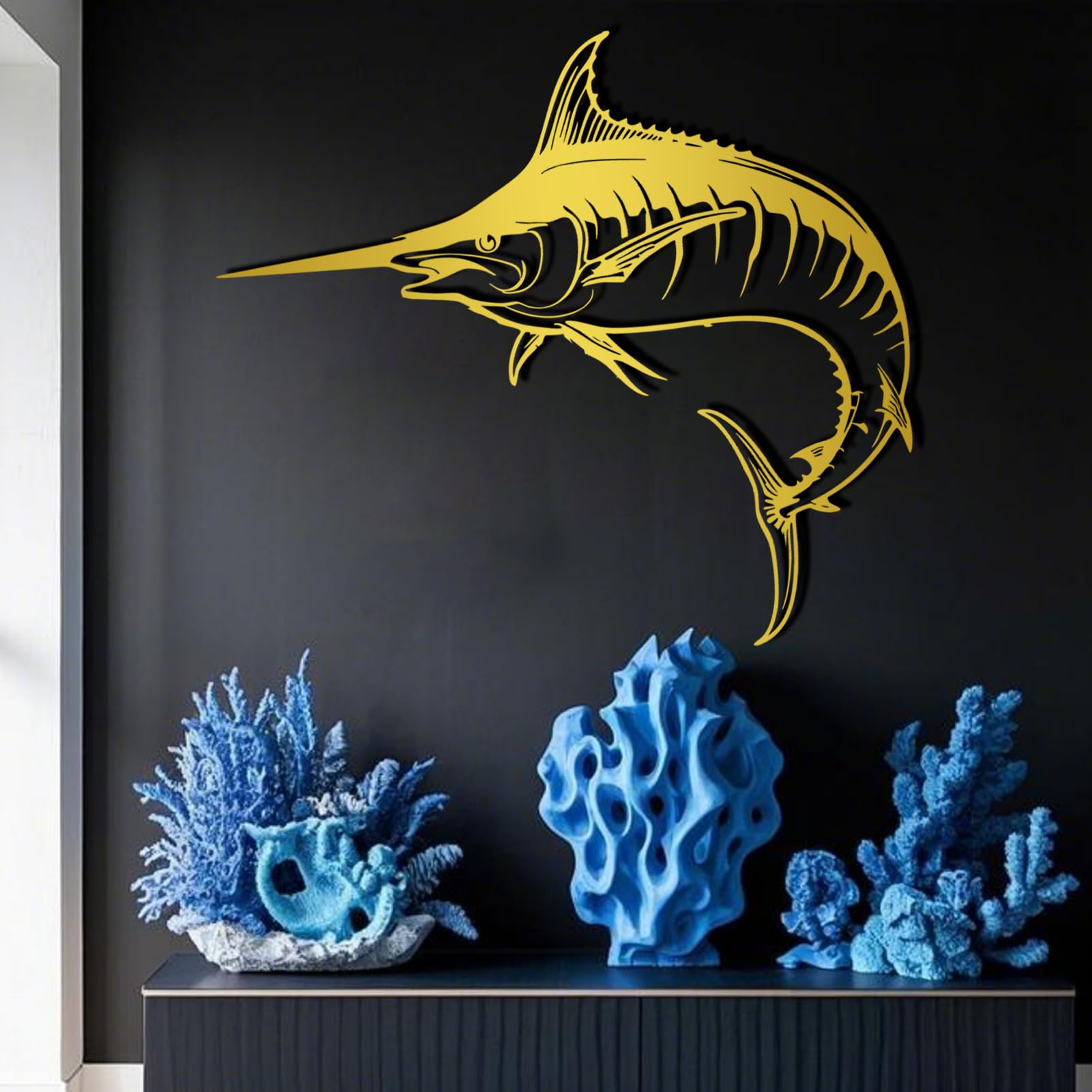 Décoration murale en métal marlin espadon art moderne doré 70 x 70 cm pour chambre et séjour