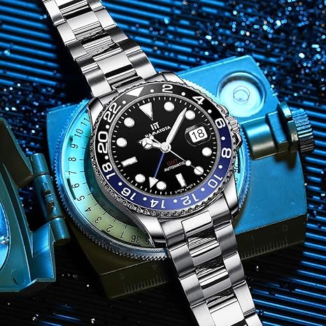 【新品・高品質】GMT 自動巻き アイスブルー×ホワイトベゼル　メンズ　腕時計 Amazon | HAMAYOTAメンズ腕時計 GMT機能 自動巻きダイバーズ