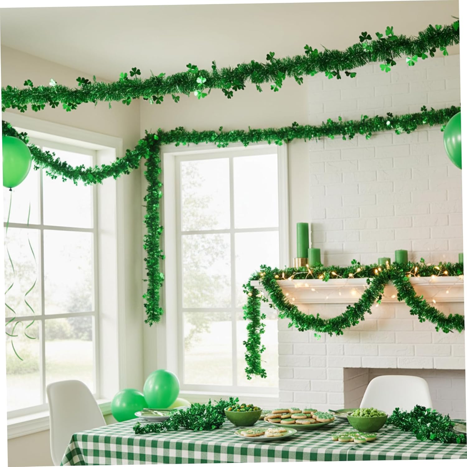 10Pcs St Patricks Day Garland, Green Shamrock Tinsel Garland St Patricks Day Decor for Outdoor Indoor Home Tree Room Holiday Disco Party