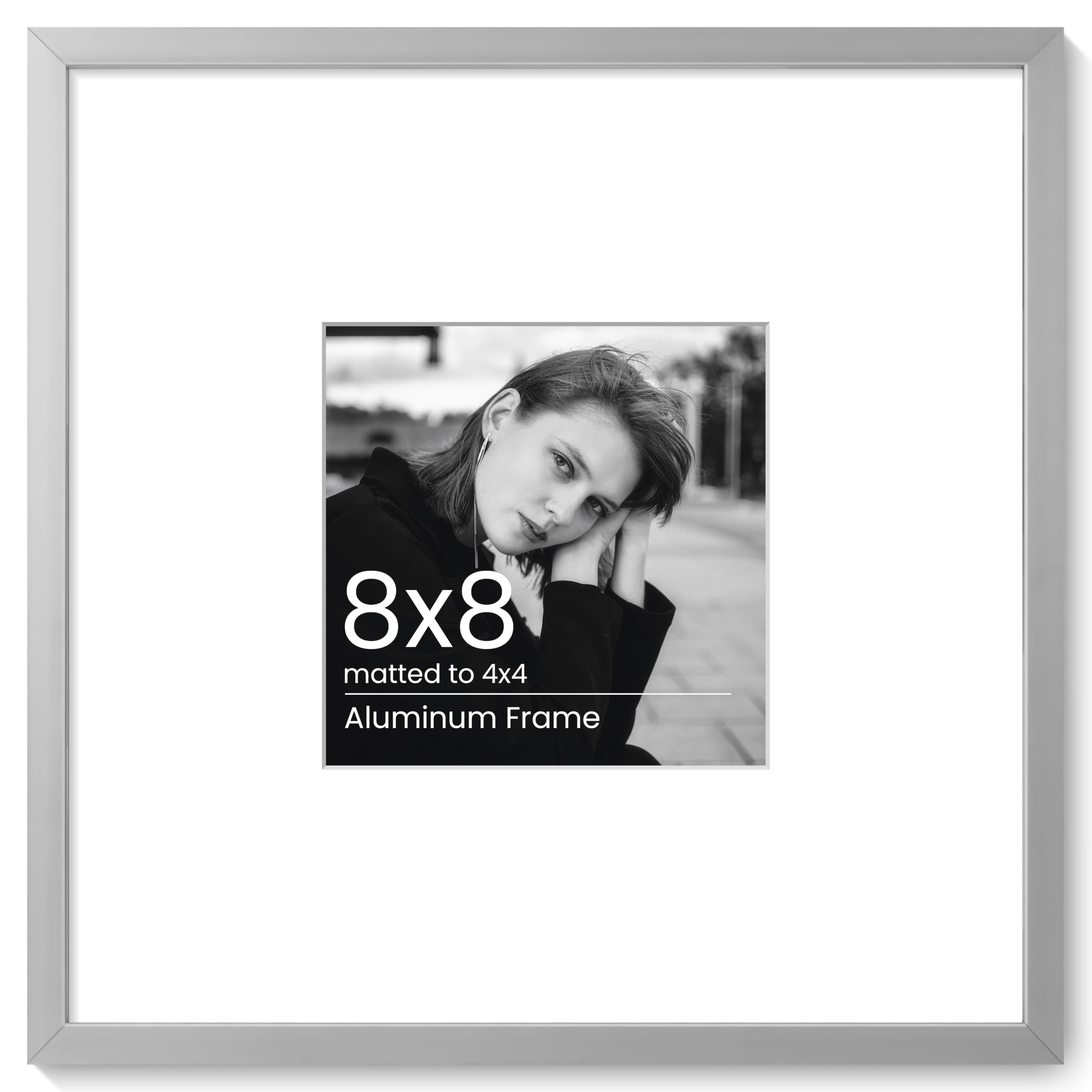KovaScape 8x8 Aluminum Photo Frame - Modern Flat Metal Picture Frames with 4x4 Removable Mat and HD Glass - Versatile Wall & Tabletop Display for Gallery Art, Silver
