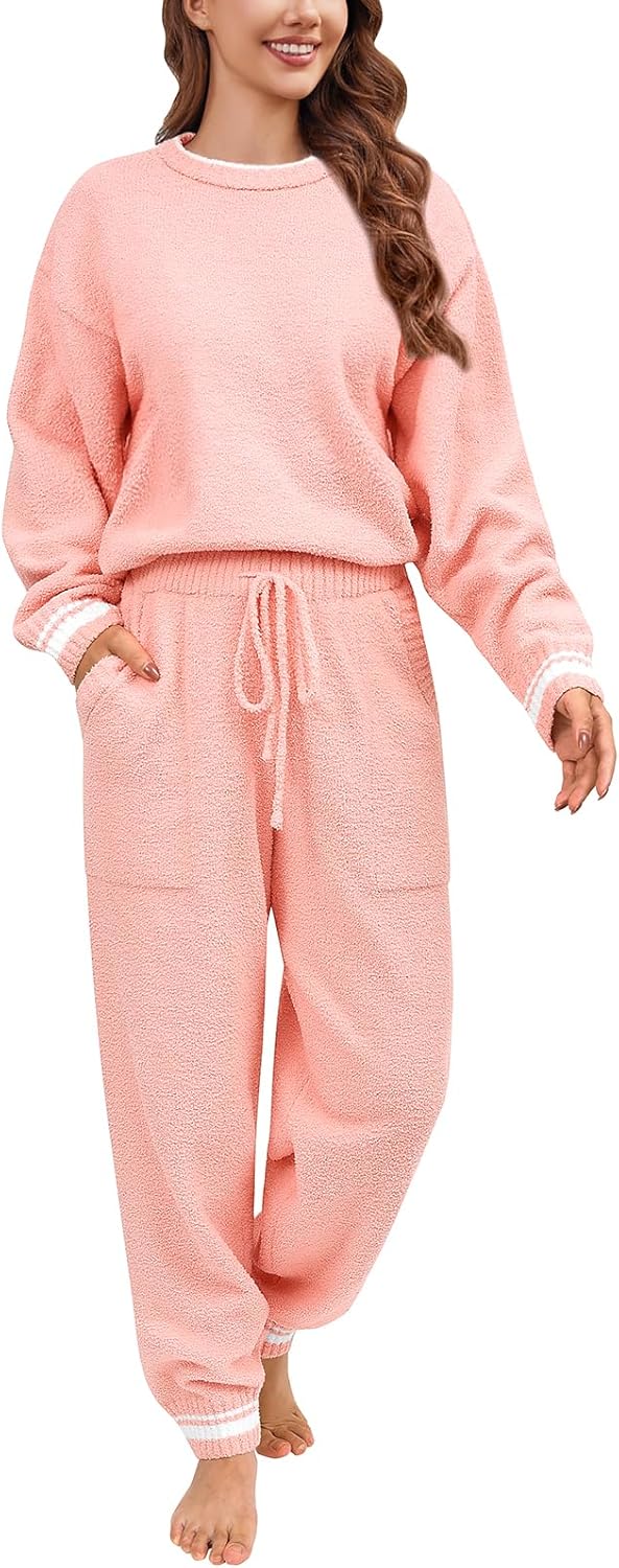 Fleece Pajamas Sets for Women - Warm Winter Cozy Fuzzy Lounge Sets Soft Comfy Long Sleeve 2 Peices Pj Sleepwear