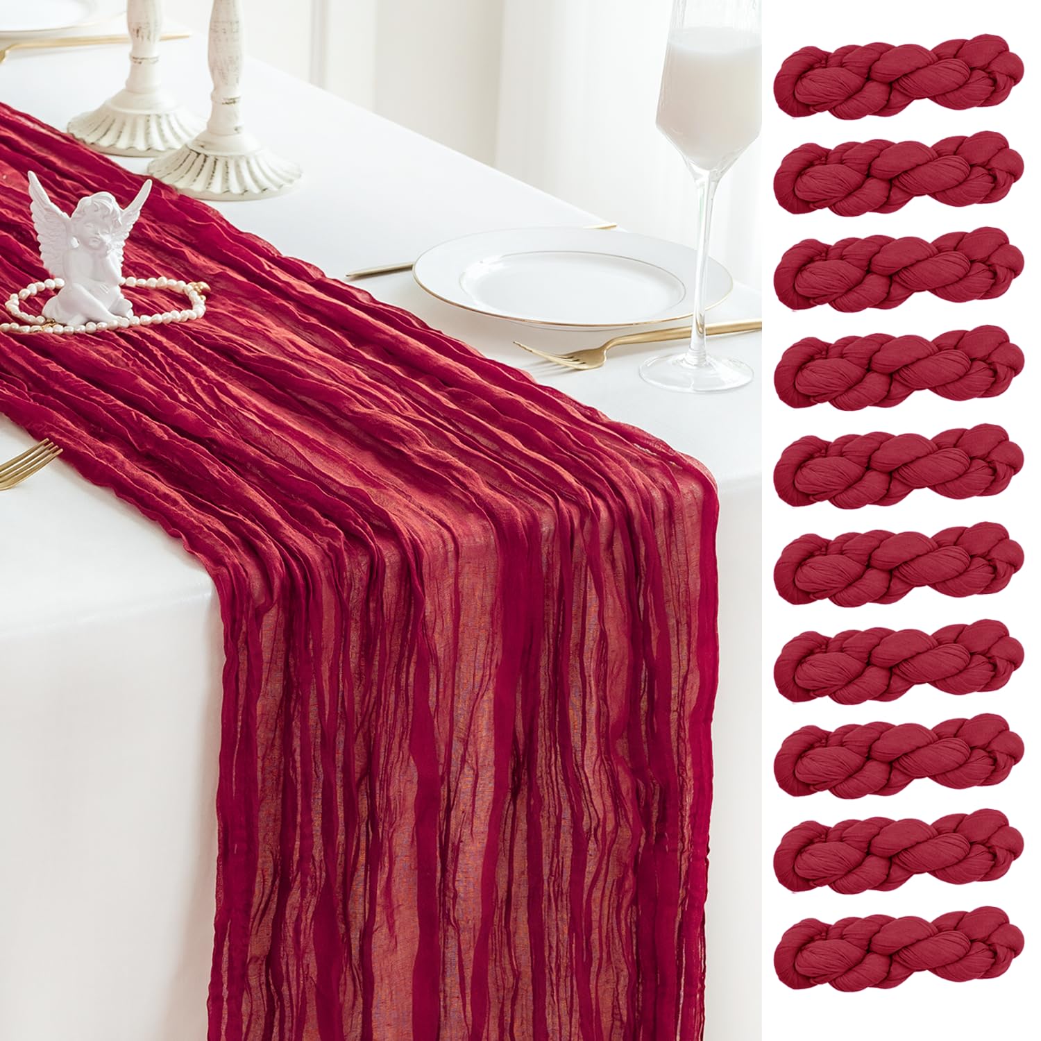 Paquete de 10 caminos de mesa de gasa de 10 pies, estilo bohemio, romántico, camino de mesa para boda, novia, fiesta de otoño, decoración de mesa (borgoña)