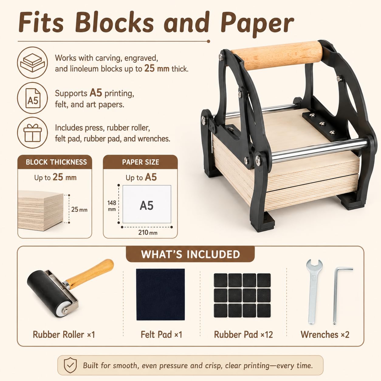 Mini prasa do linorytu, bloki 25 mm, papier A5