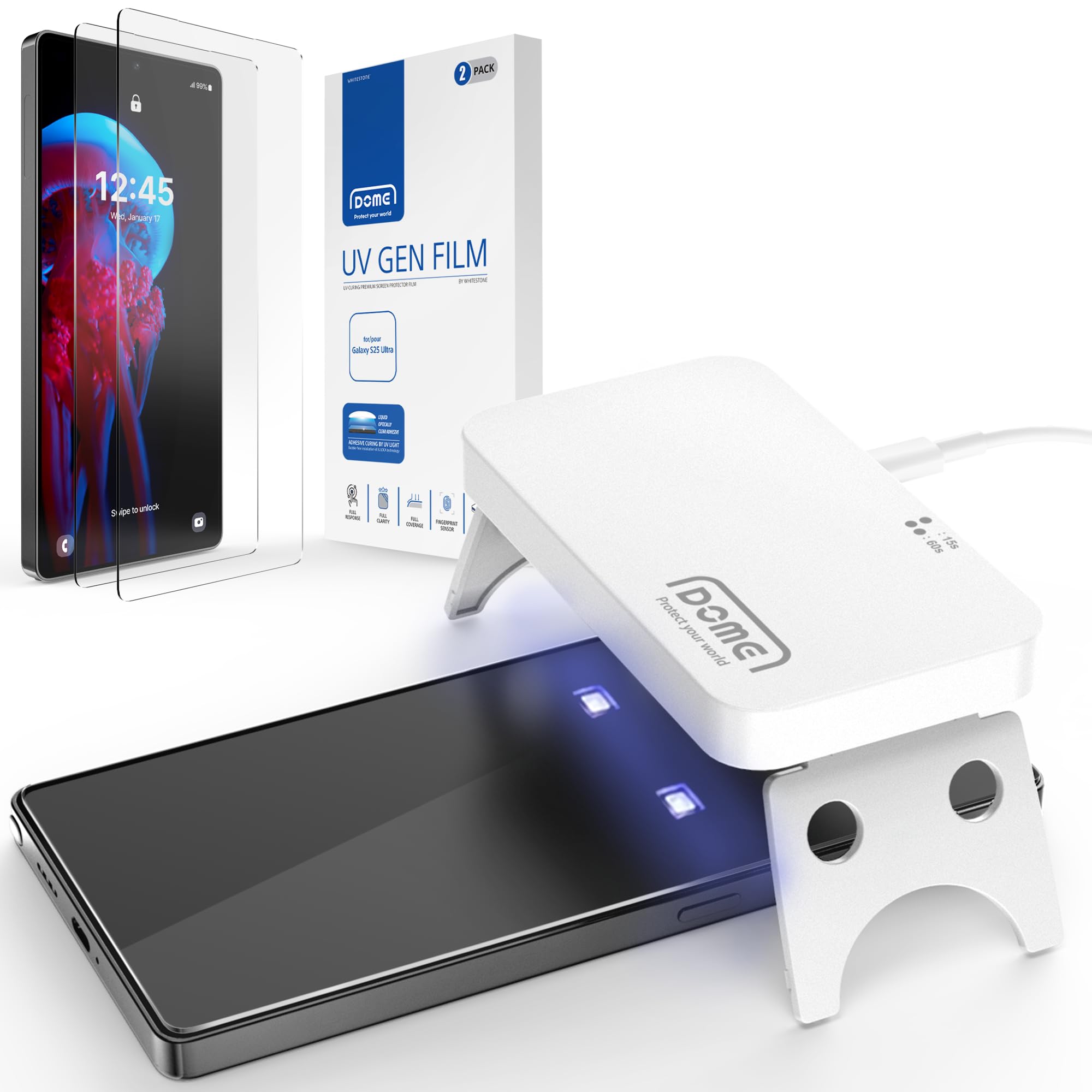 DOME GLASSWhitestone UV GEN Film for Samsung Galaxy S25 Series [Glass-Like Film] Screen Protector Series [2pack] (S25)