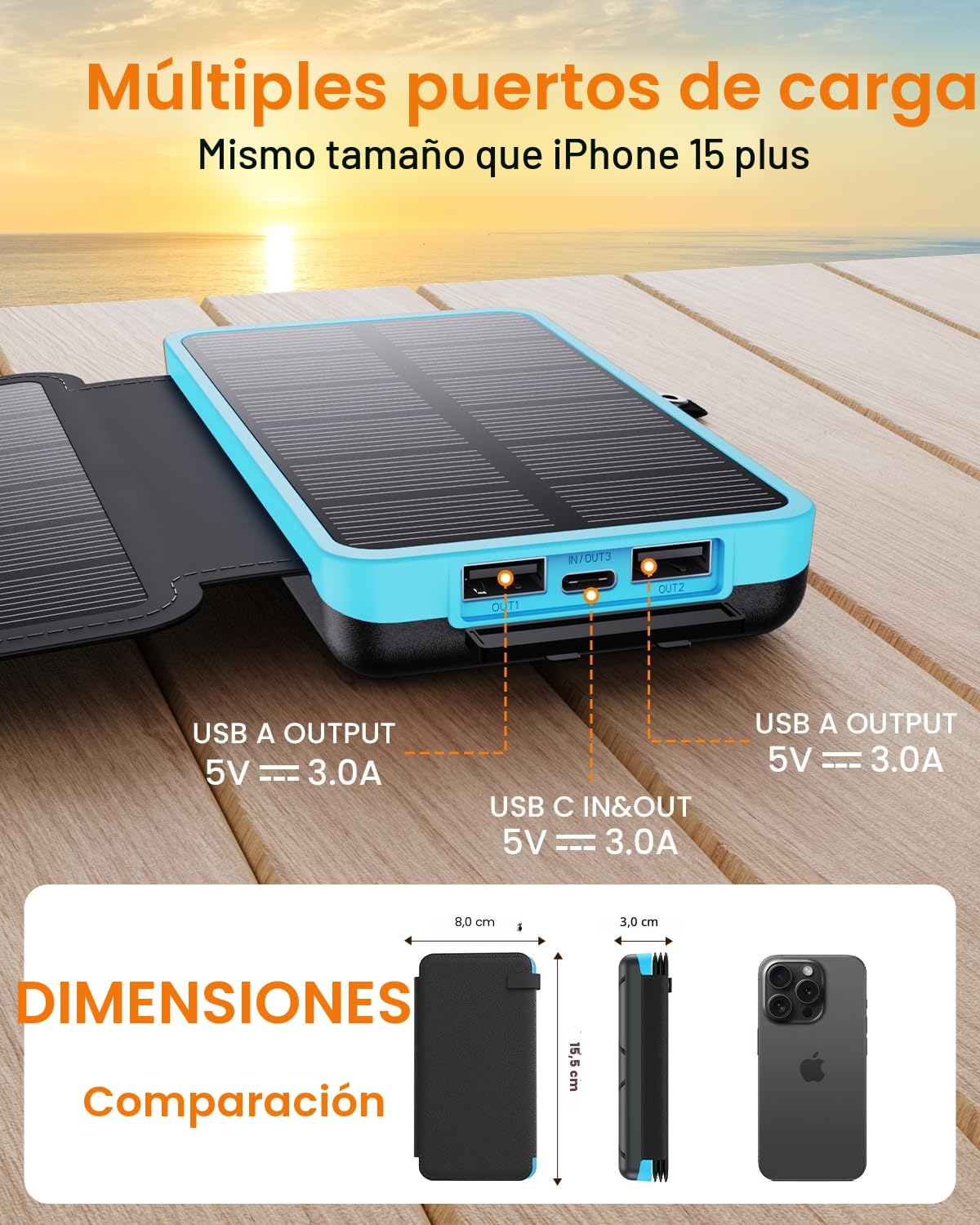 FEELLE Cargador Solar Power Bank 25000mAh, Batería Externa con Doble Salida USB de 3,0 A y 4 Paneles Solares Plegables Cargador Portátil para Smartphone, Tablet y Más (Azul)
