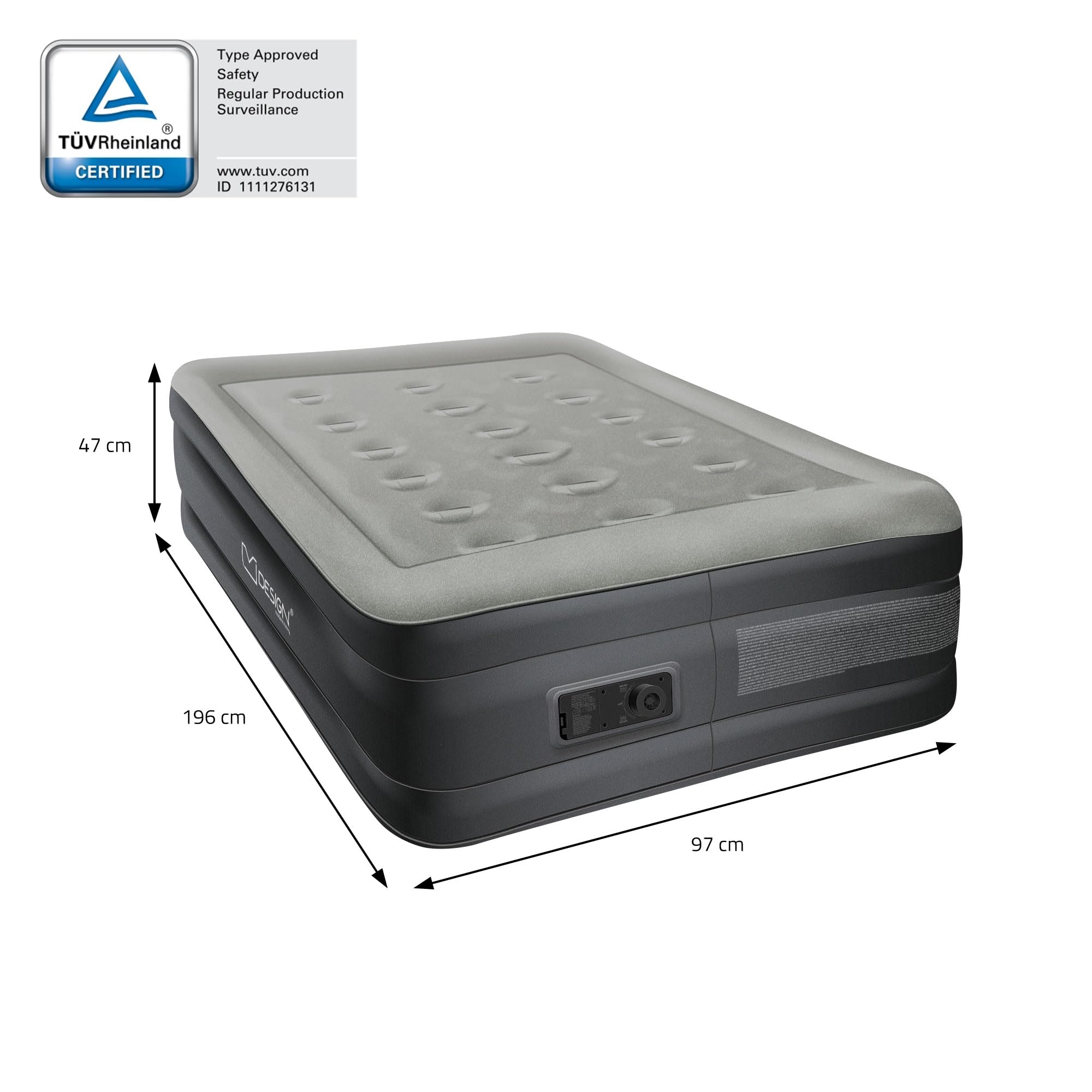 ML-Design Matelas Gonflable pour 1 Personne 196 x 97 x 47 cm, Certifié TÜV, avec Pompe à Air Électrique 230V, Gris, Lit Simple Autogonflant, Résistant à l'eau, Antidérapant, Sac de Transport Inclus