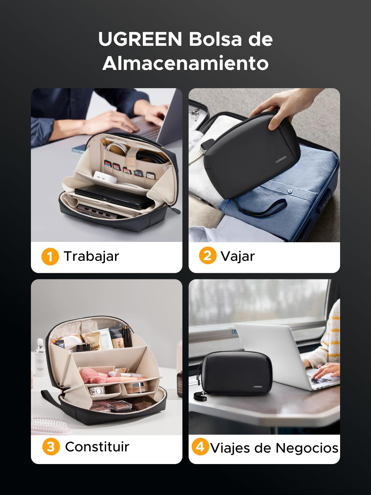 UGREEN Organizador Viaje Almacenamiento de Accesorios Electrónicos, Bolsa de Cable Impermeable Todo en Uno Negra