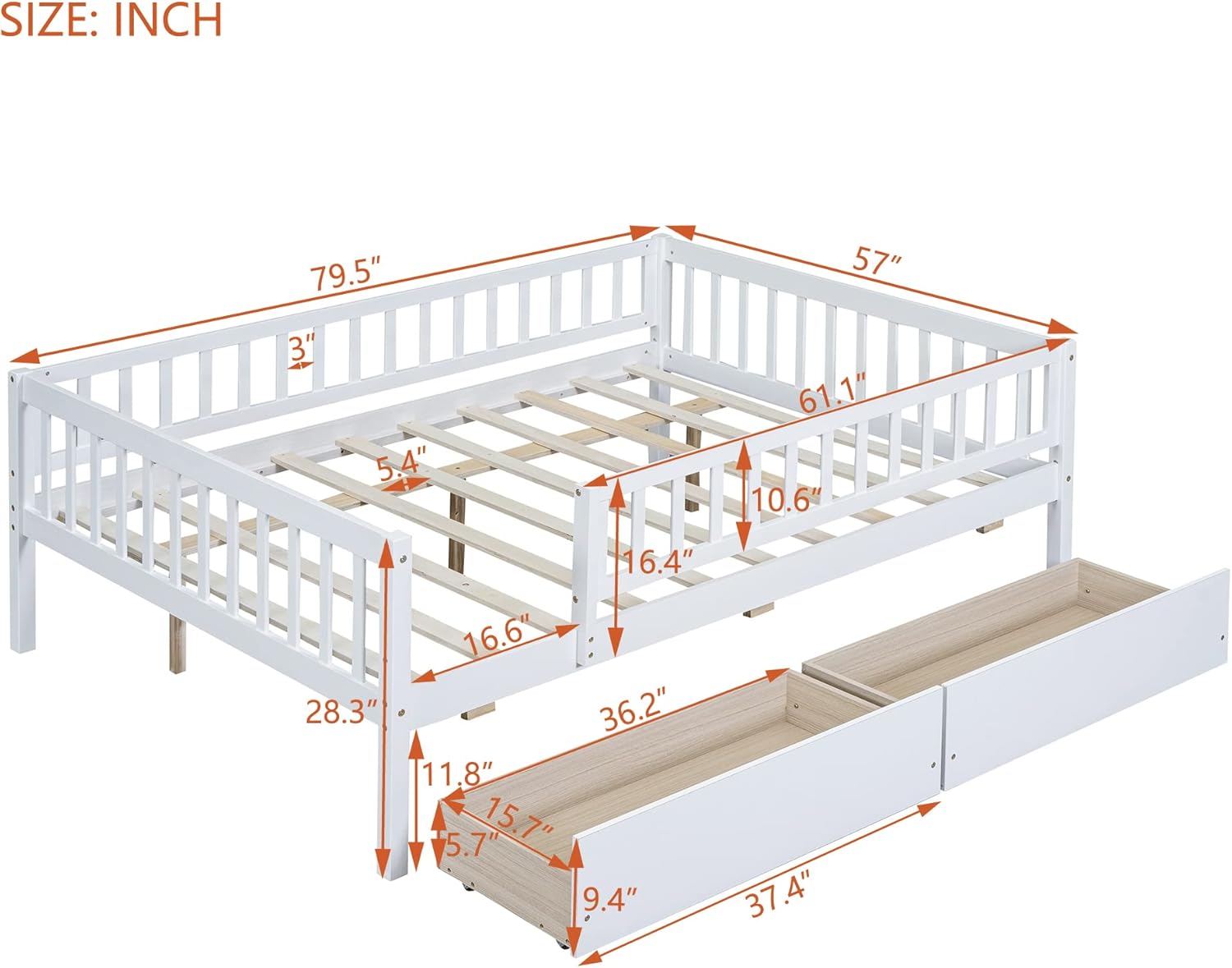 Full Size Bed Frame with Fence Railings and Storage Drawers, Wooden Montessori Style Kids Beds with Slats Support, Dual-use Daybed for Bedroom and Living Room, White
