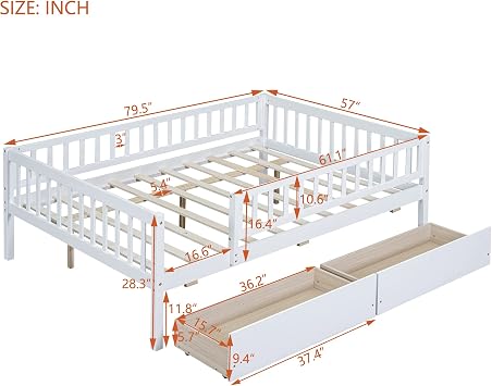 Wood Kids Low Montessori Bed Frame with 2 Storage Drawers and Fence Railings,Full Size Platform Bed with Full-Length Safety Guardrails and Slat Support,Dual-use Daybed for Bedroom Living Room,White