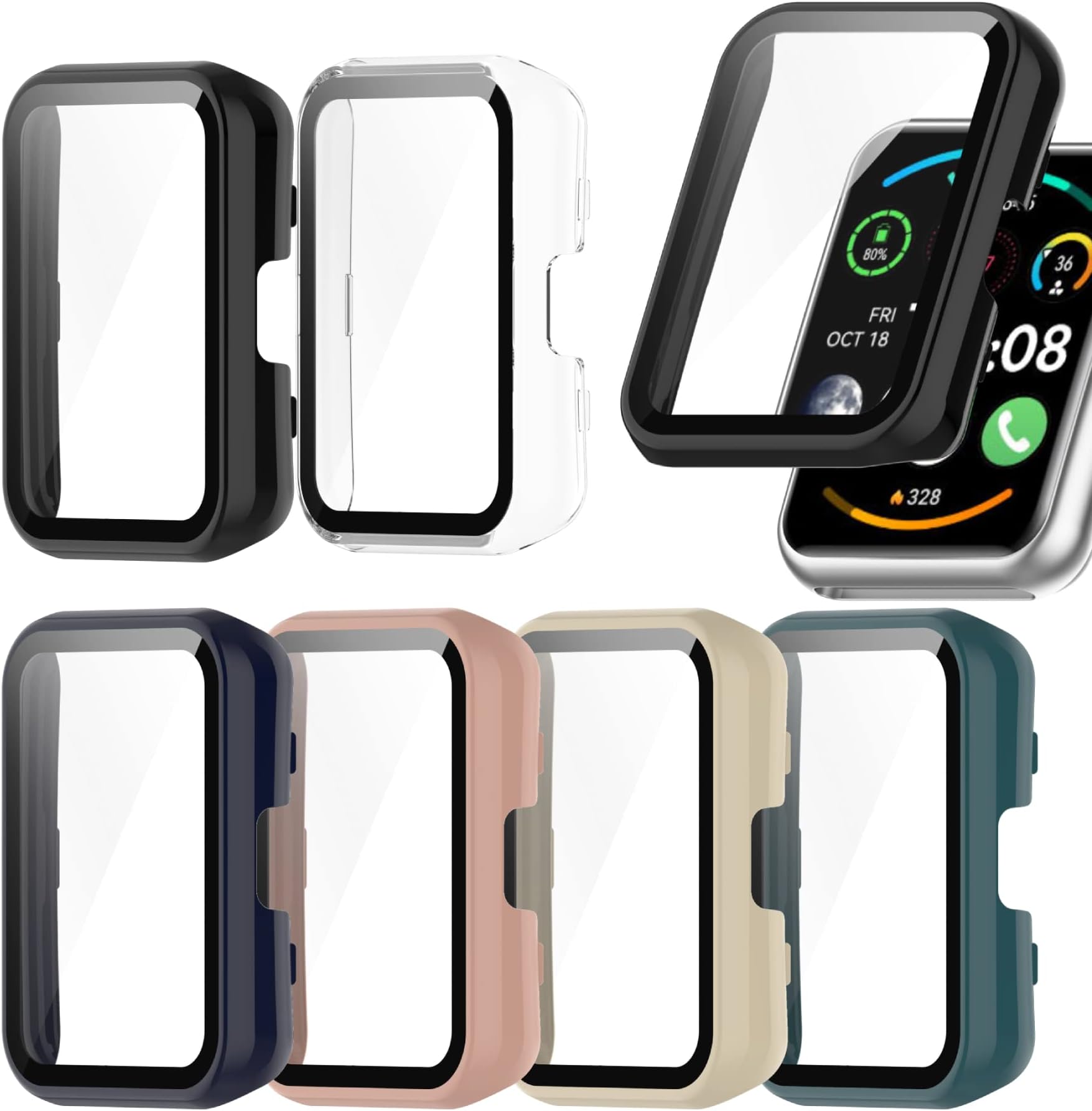 Protective Case Compatible with Huawei Watch Fit 2, Screen Protector, Hard PC Bumper, Anti-Scratch, Shock-Proof, Tempered Glass, Full Cover Shell (6 Colors)