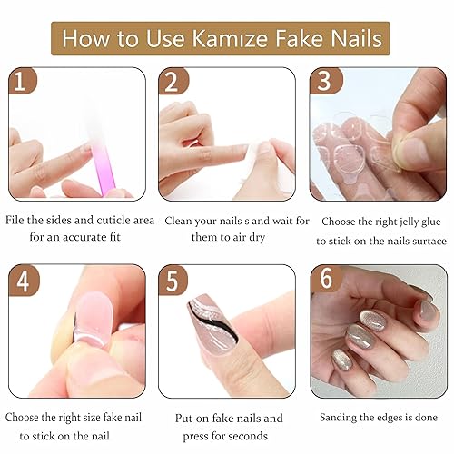 Miniatura 7 de Xenophoer Uñas postizas cortas ovaladas de madera verdosa fría con pegamento acrílico con diseños de purpurina plateada, uñas postizas a presión