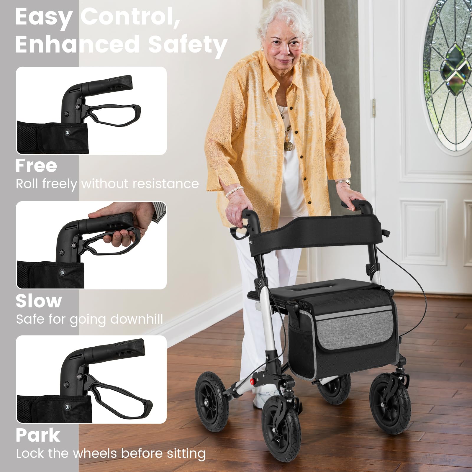 HOMASIS Andador plegable y ligero 2 en 1 para silla de ruedas, con asiento, 7 alturas ajustables, carrito de aluminio para personas mayores, andador de viaje con soporte para bastones, bolsa, hasta