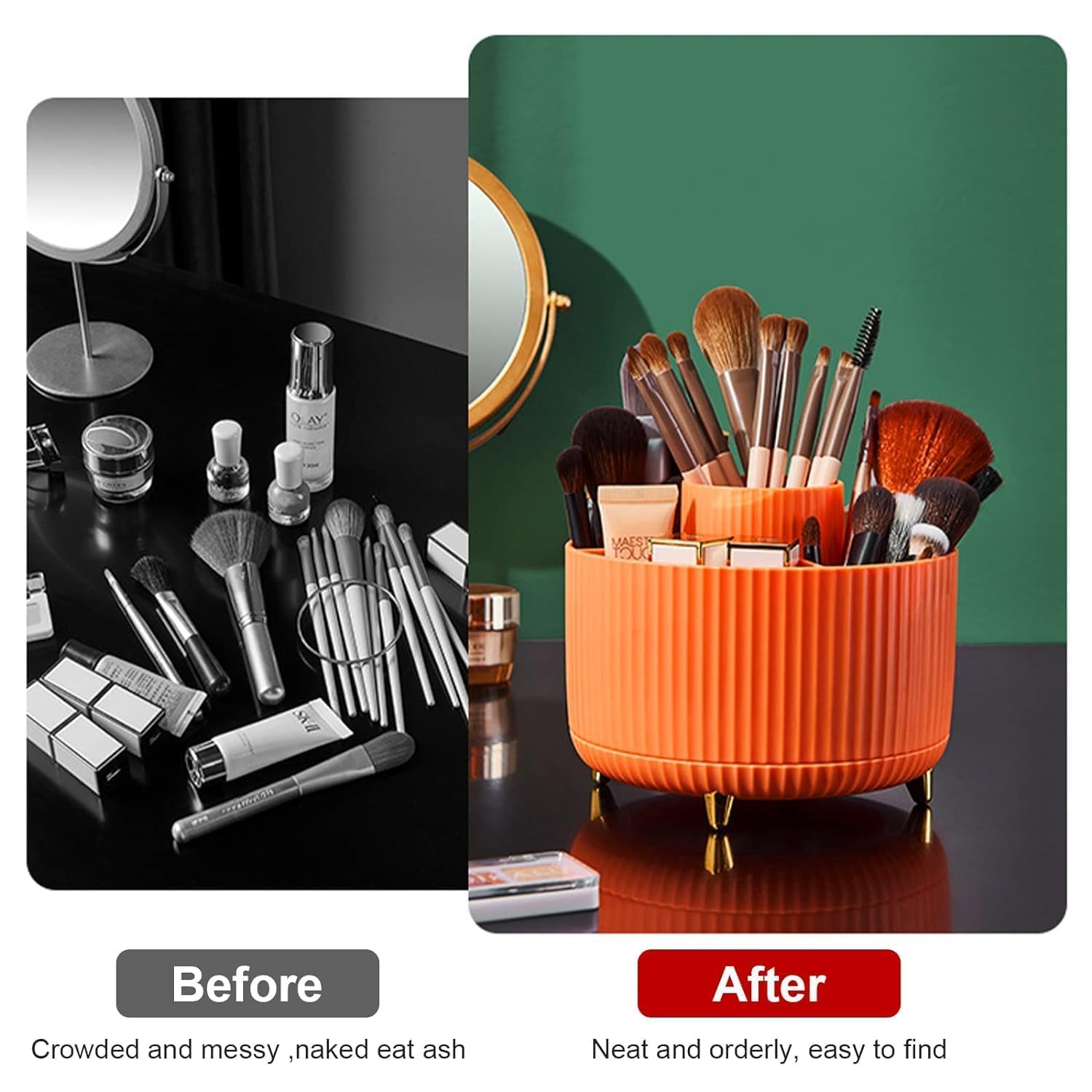 RABBONIX 360° Rotating Makeup Brush Holder Organizer | Makeup Organizers Countertop | Makeup organization Skincare Storage for Vanity, Desktop, Bathroom | Orange, Pack of 01 4