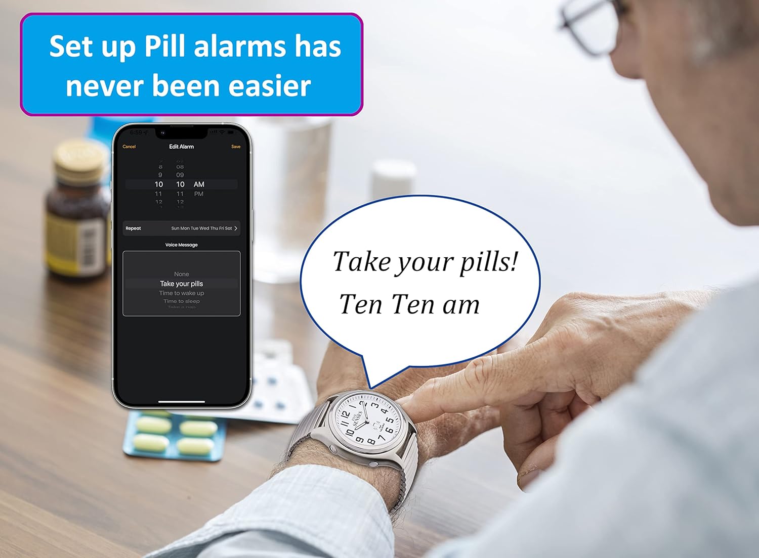 FIVE SENSES Smart Atomic Talking Watch with Voice Reminders and App Control for Seniors and Visually Impaired - A Great Gift for Blind Men and Women, Talking Watches for The Blind