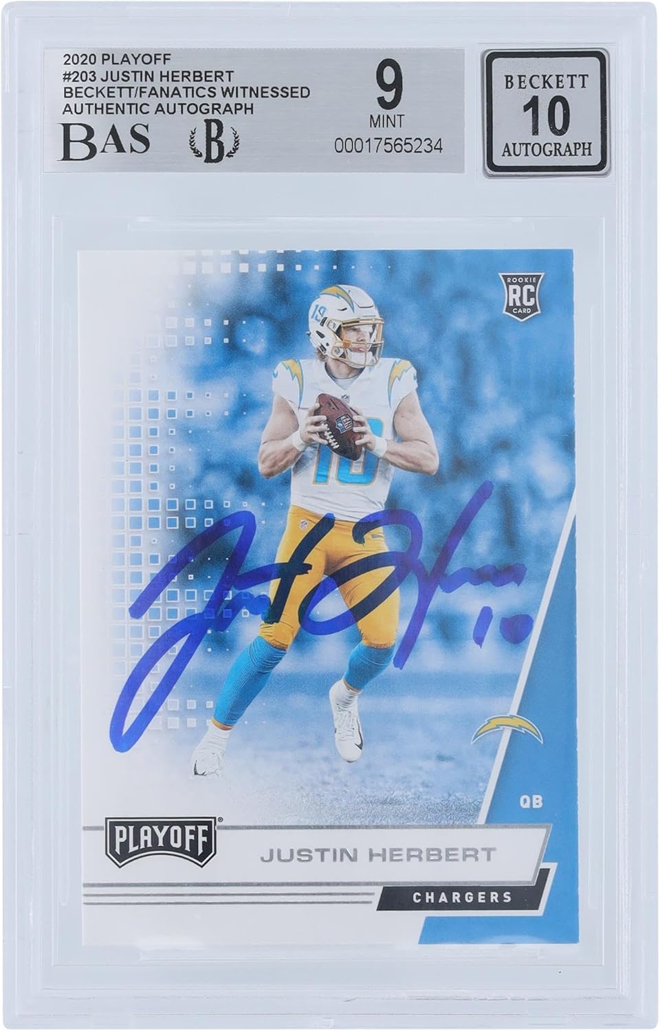 Justin Herbert Los Angeles Chargers Autographed 2020 Panini Playoff #203 Beckett Fanatics Witnessed Authenticated 9/10 Rookie Card - Football Slabbed Autographed Rookie Cards