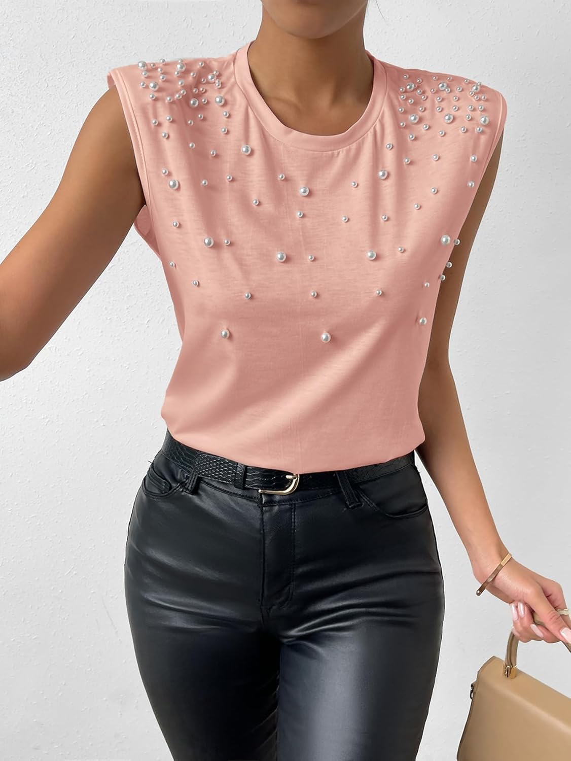 GORGLITTER Women's Pearl Beaded Top Blouses Casual Dressy Sleeveless Shoulder Pad Tee T-Shirt Going Out Outfits - Image 5