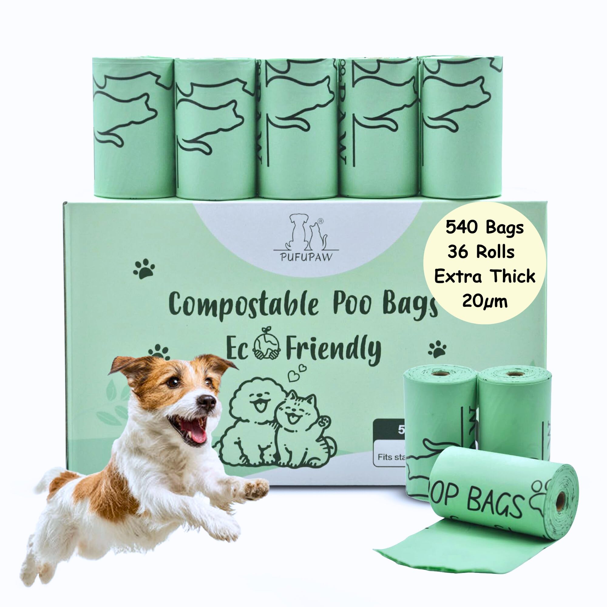 Compostable Dog Poop Bags 540 Count Extra Thick 20 Micron Leak-Proof Unscented