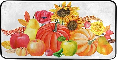 Alfombras de cocina de otoño con calabaza, girasoles, arces florales de otoño, frutas de manzana, tapete de cocina, tapete de baño, tapete