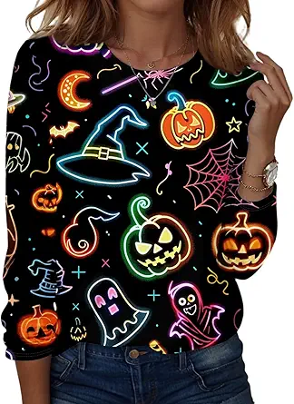 Halloween Shirts for Women Long Sleeve Plus Size Fashion Crewneck Comfortable Tshirts Halloween Costumes for Women