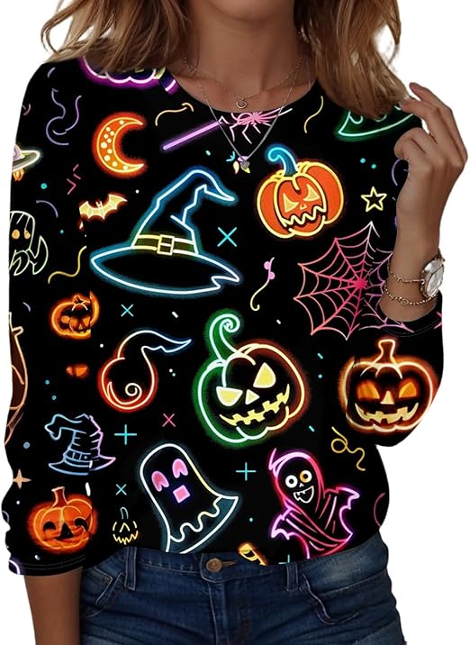 Halloween Shirts for Women Long Sleeve Plus Size Fashion Crewneck Comfortable Tshirts Halloween Costumes for Women