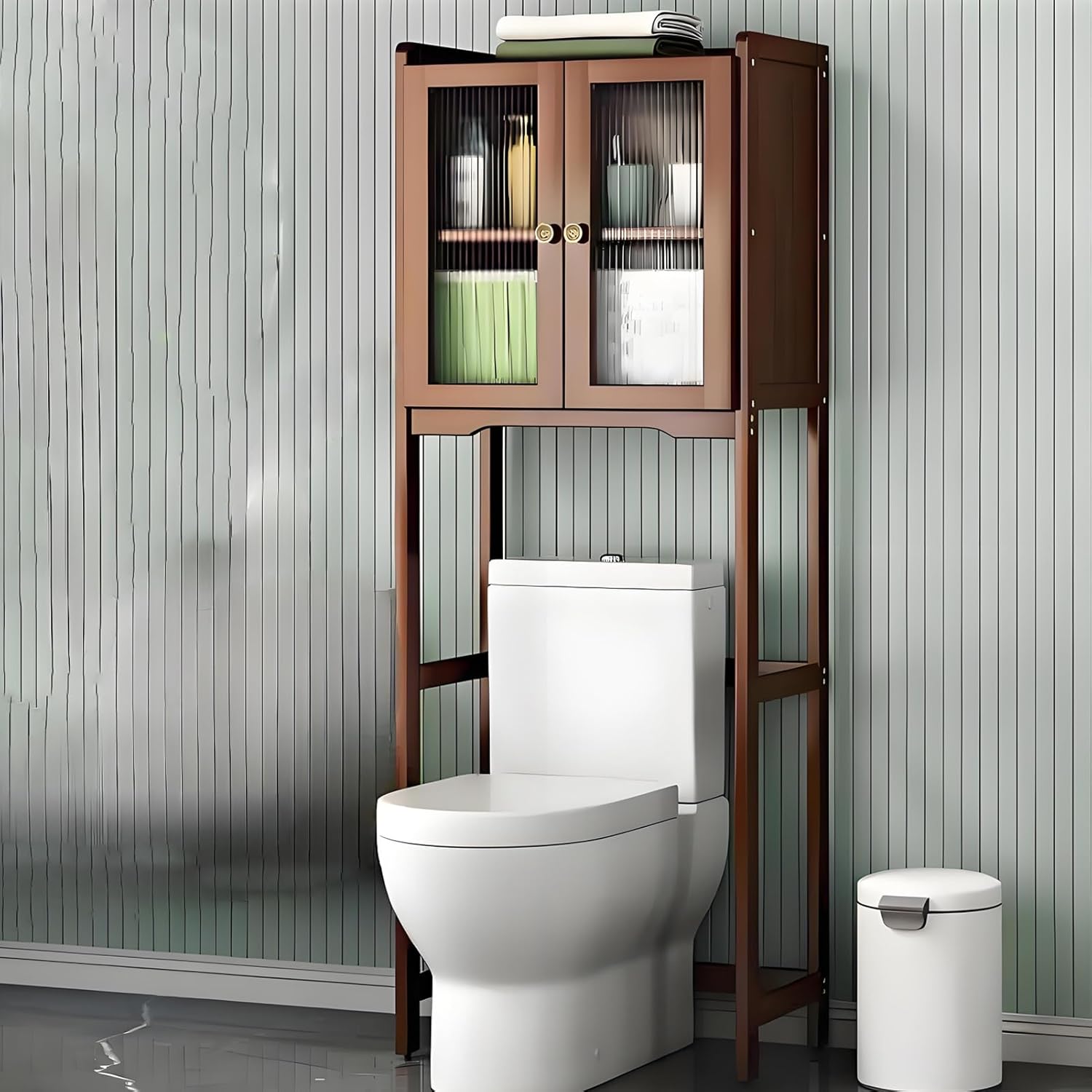 Over The Toilet Storage Cabinet, Bamboo Bathroom Organizer Shelf with Flip Door, Freestanding Bathroom Storage Rack, Storage Cabinet Bathroom, Space Saver(Natural)