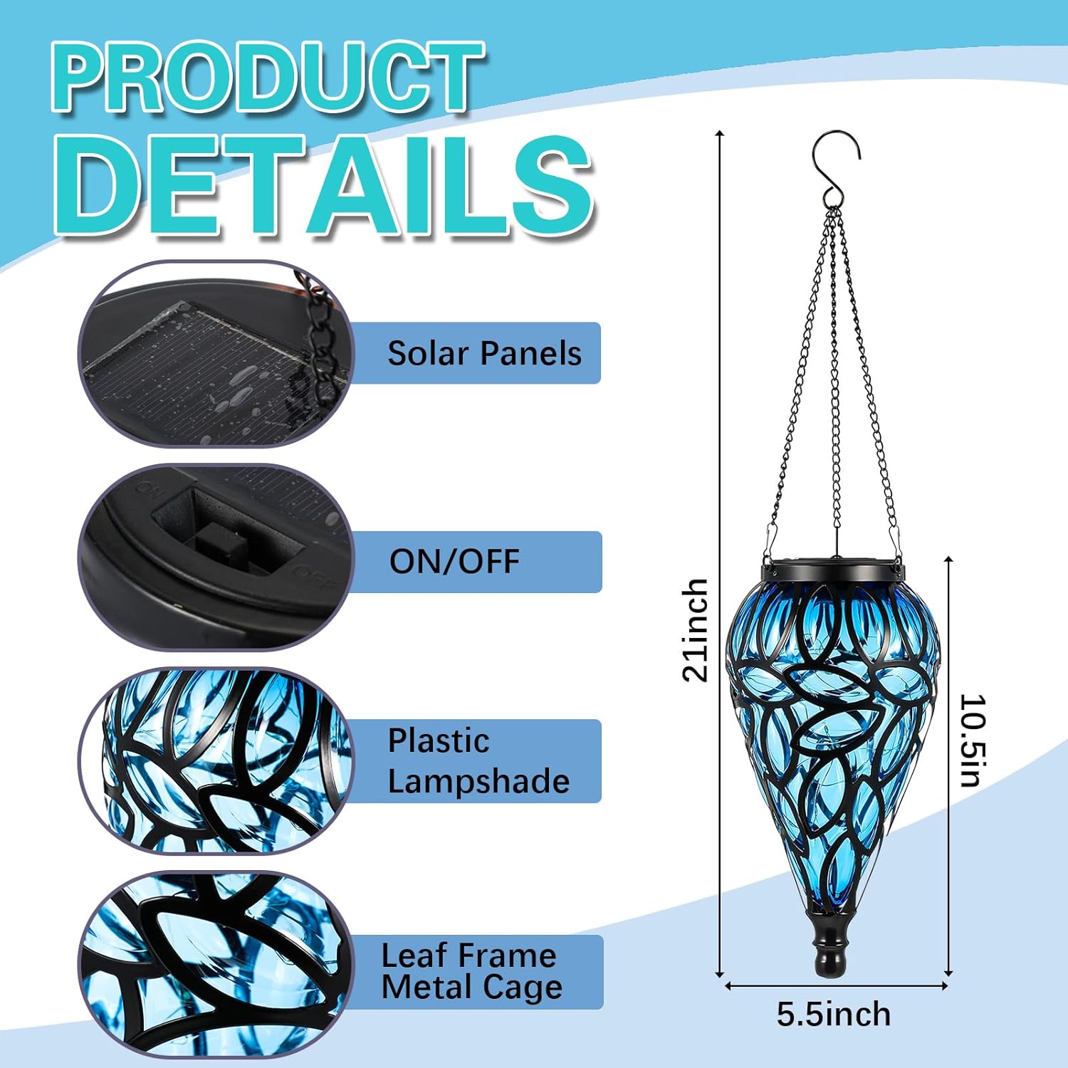 2 Set Solar Hanging Lantern Lights Outdoor Chandelier Moroccan Hanging Solar Light Tear-Shaped 15 LEDs Cool White with S Hooks for Christmas Garden Yard Pathway Landscape Decor(Blue) - Image 2