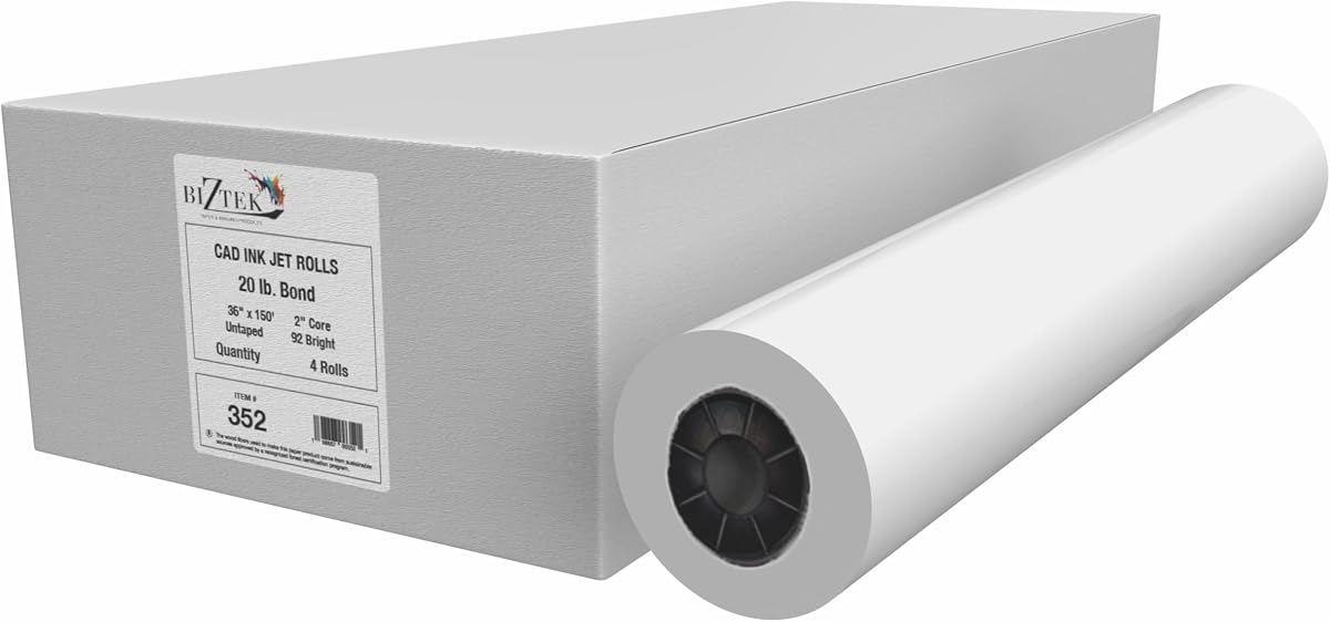 Wide Format Paper CAD Bond Rolls (20lb | 4 Rolls, 36 In x 150 Ft | 2" Core)