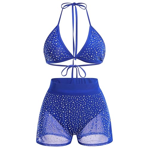 Women Sparkle Rhinestone Mesh Sheer Bikini Sets Halter Bra Top High Waist Shorts Bottom Swimsuits Rave Outfit - Medium - Royal Blue