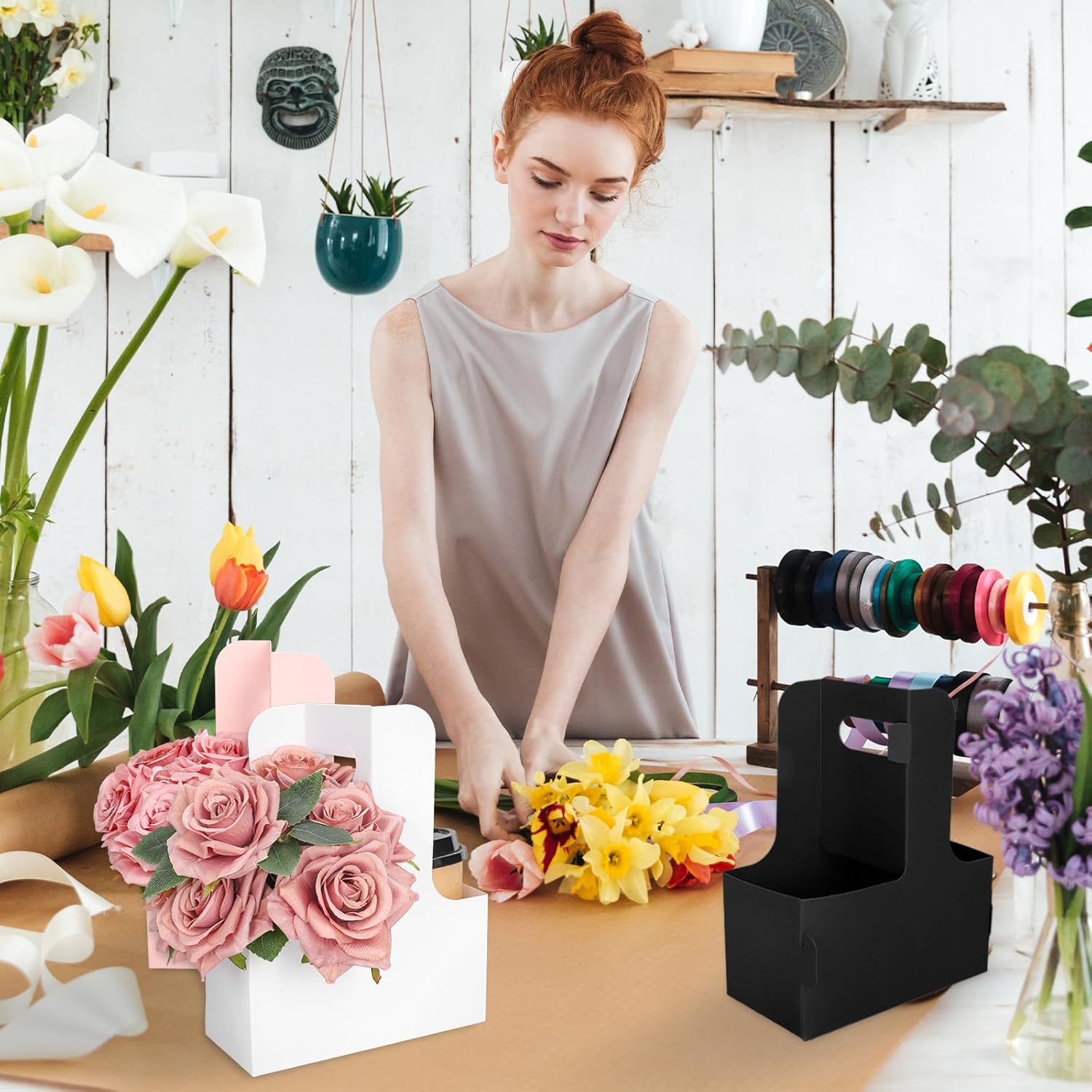 Whaline 24 Pcs Mother's Day Flower Gift Bags Kraft Paper Bouquet Bag Rectangle Flower Box Pink Black White Drink Carriers with Handle to 2 Cup Paper Holder Baskets for Valentine's Day Wedding Birthday