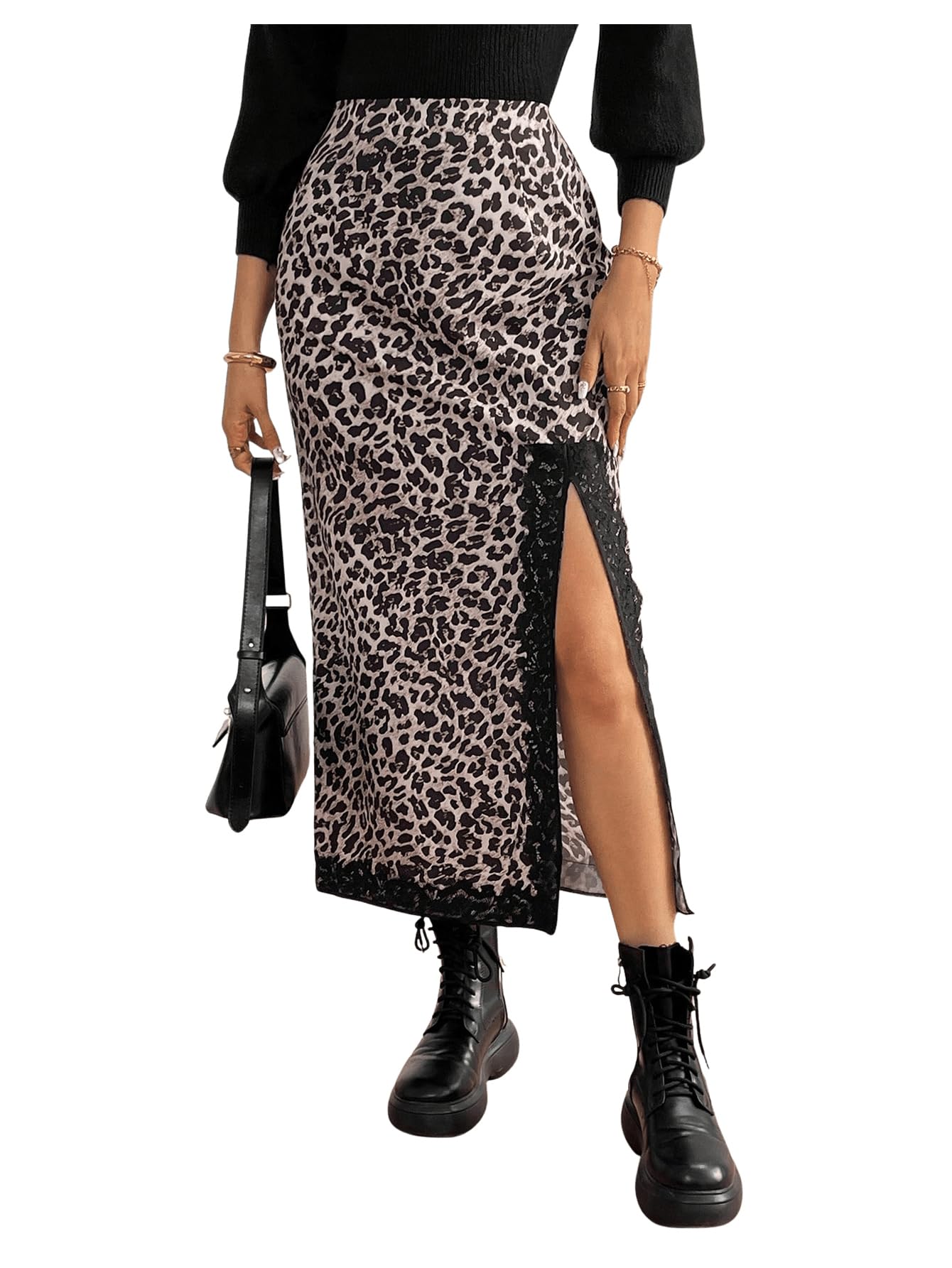 Verdusa Womens Lace Leopard Thigh Slit Maxi Skirt Rave High Waisted Long Skirts Concert Outfits