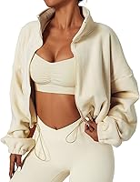 QINSEN Women's Crop Fleece Jacket: Full Zip Warm Sherpa Short Coat, Baggy Long Sleeve Stand Collar Winter Layering