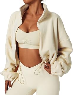 QINSEN Women's Cropped Fleece Jacket Full Zip Warm Sherpa Short Coat Stand Collar Winter Layering