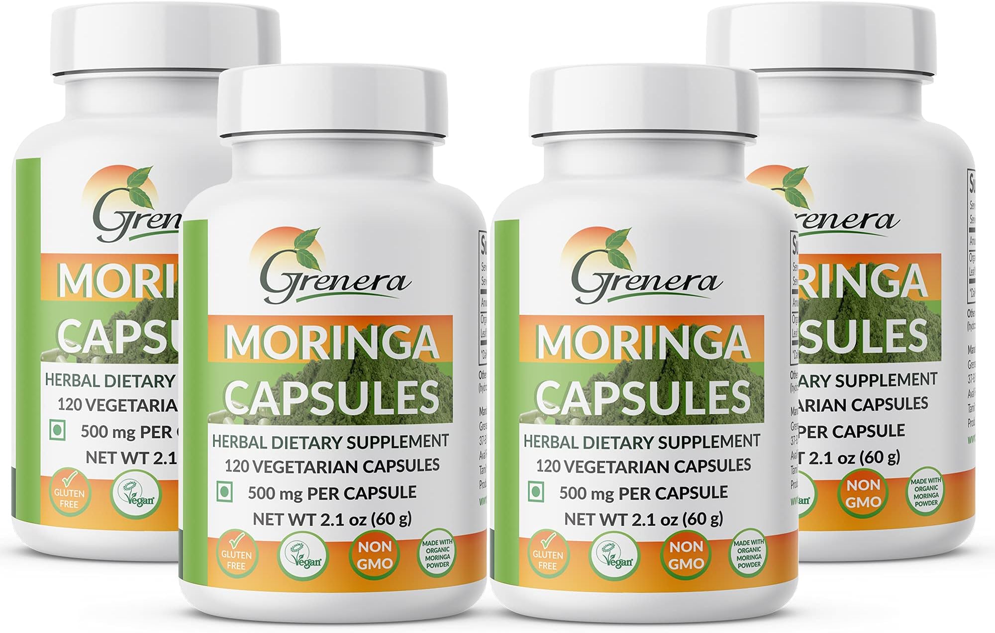Grenera Moringa Capsules 500 mg - 120 Vegetarian Capsules per Bottle - Pack of 4