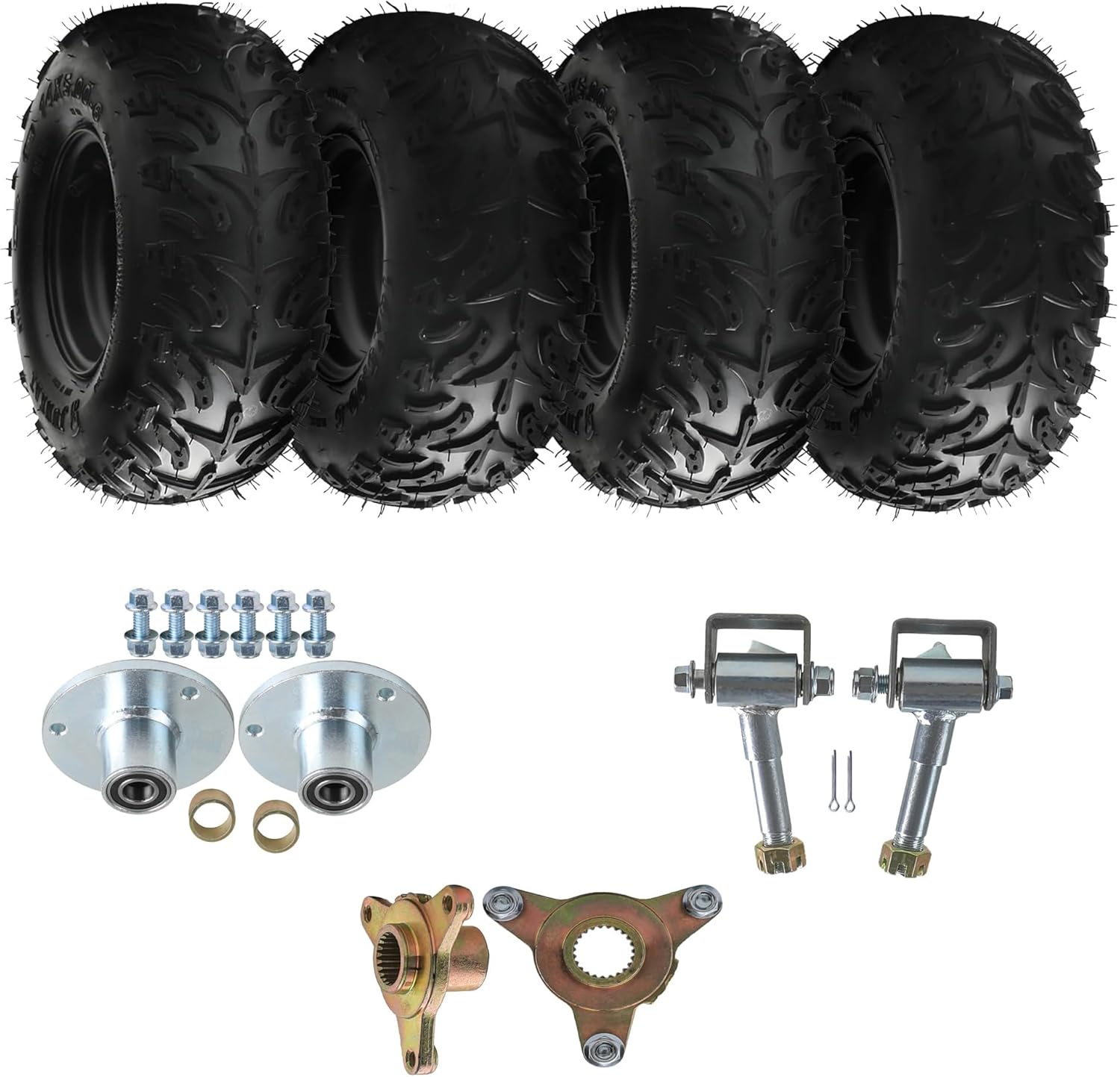 14x5.00-6 ATV Go-Kart Quad Mini Bike Tires with Rims & Hubs – 4-Piece Set, Tubeless 2-Ply, 6-Inch, 3-Lug, Includes Steering Spindles & Rear Axle Hubs (17T or 23T)