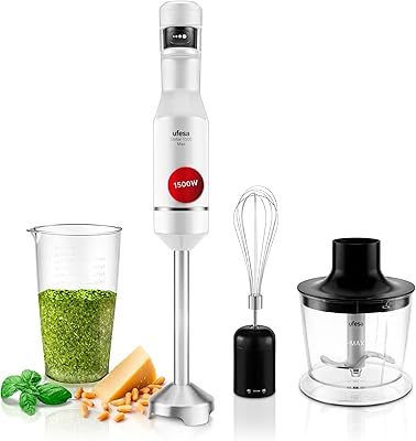 Ufesa Batidora de Mano Stellar Max TouchSpeed 1500W, Pantalla Digital, Velocidad Táctil Variable, 4 Cuchillas Alta Eficiencia, Ergonómico, Antisalpicaduras, Vaso Medidor, Emulsionador y Picadora