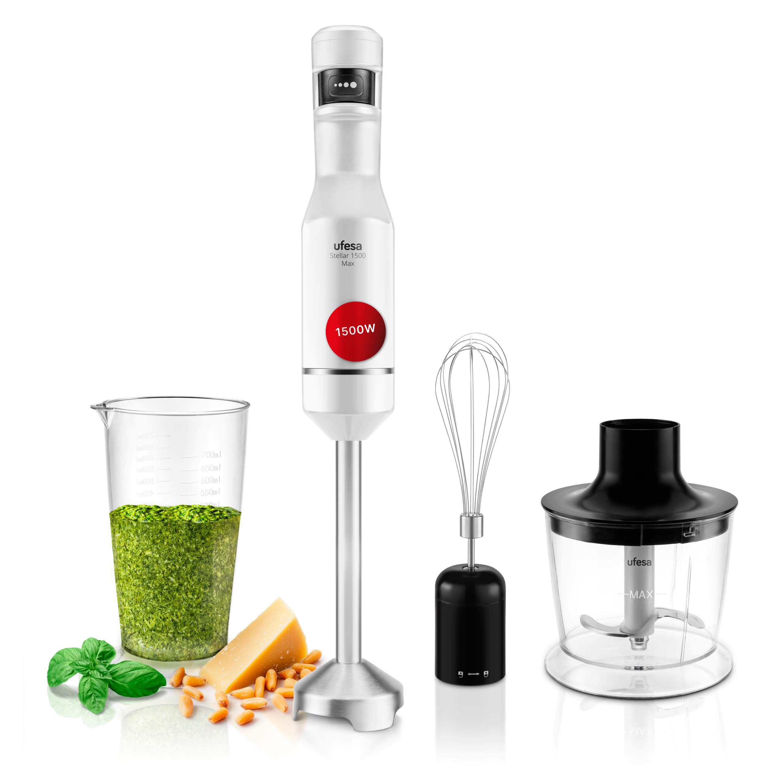 Ufesa Batidora de Mano Stellar Max TouchSpeed 1500W, Pantalla Digital, Velocidad Táctil Variable, 4 Cuchillas Alta Eficiencia, Ergonómico, Antisalpicaduras, Vaso Medidor, Emulsionador y Picadora