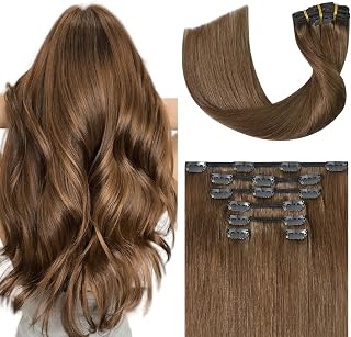 UGOTRAYS #6 Chestnut Brown Clip-In Human Hair Extensions 18 Inch 70g Remy Straight 7pcs 16 Clips for Women