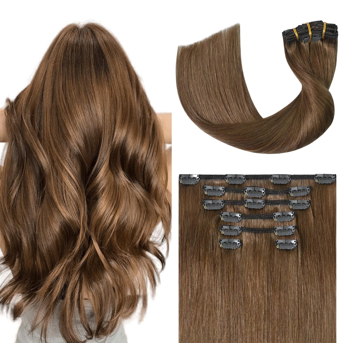 UGOTRAYS #6 Chestnut Brown Clip-In Human Hair Extensions 18 Inch 70g Remy Straight 7pcs 16 Clips for Women