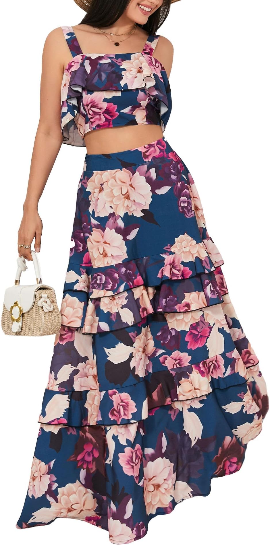 Women's Summer 2 Piece Outfits Floral Print Strap Crop Tops Tiered Ruffle Skirt Sets Maxi Long Dress