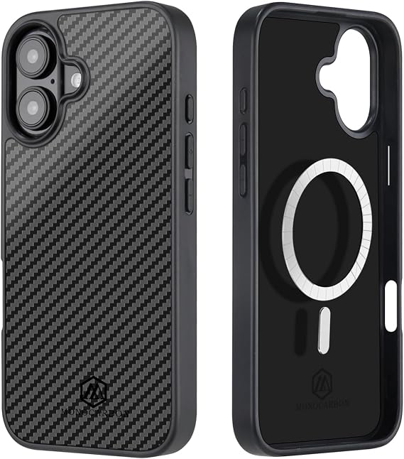 MONOCARBON リアル3Kカーボンファイバーケース iPhone 16 Plus用 ミリタリーグレード 6.7インチ 落下防止 ハードカバー MagSafe対応 高耐久ケース カメラ保護&ラップエッジ付き