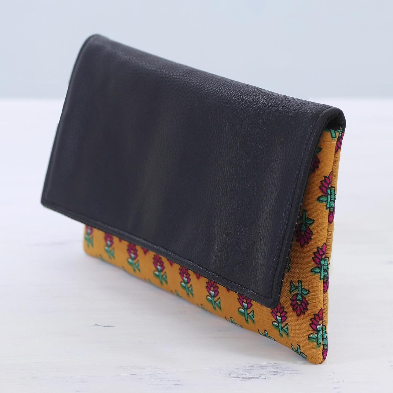 NOVICA Artisan Handmade Leather Accent Cotton Clutch with Floral Motifs from India Handbags Yellow Green Clutches Printed ' Flower Bed'