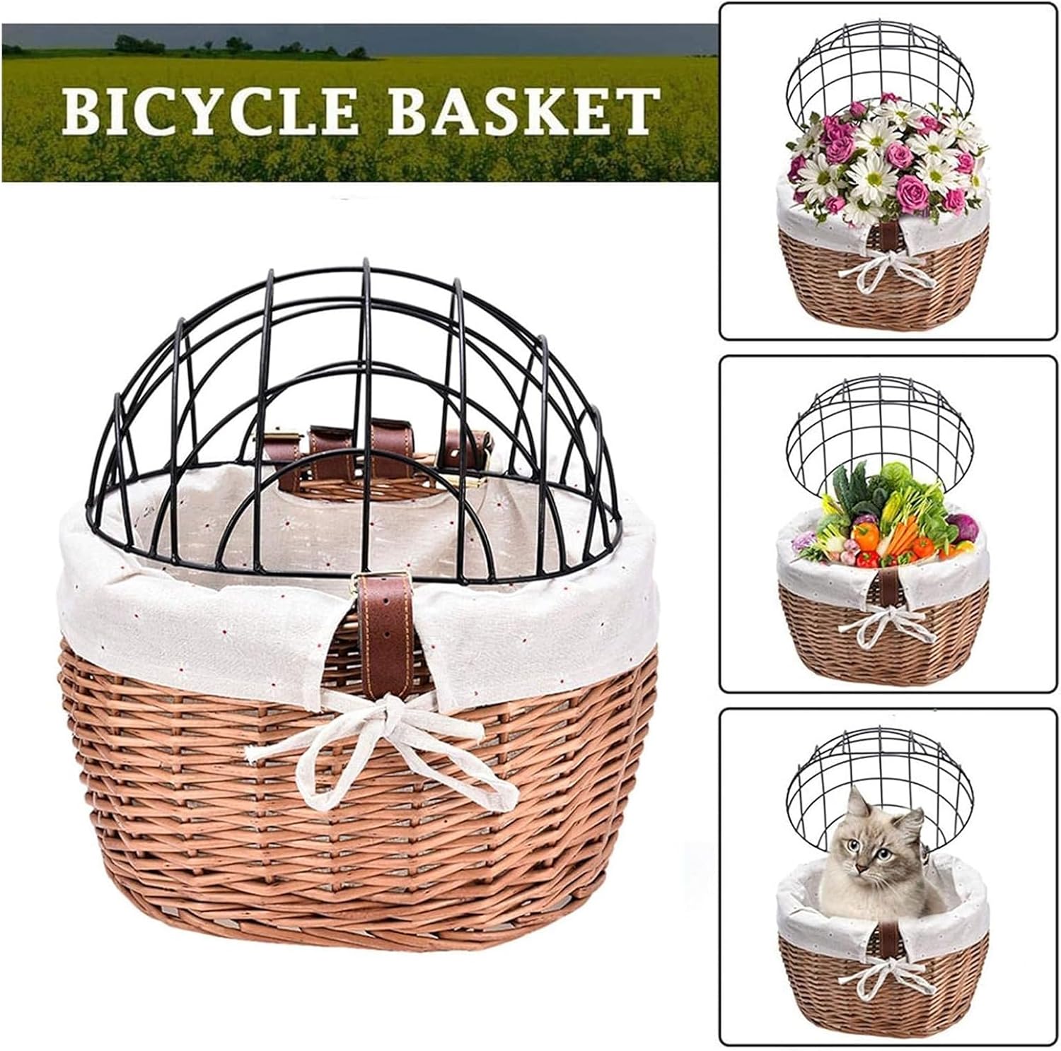 Pet Bicycle Wicker Basket, Bike Basket for Dogs, Wicker Bike Basket for Small Dogs Cats Pet Carrier Front Basket with Wire Mesh Cover