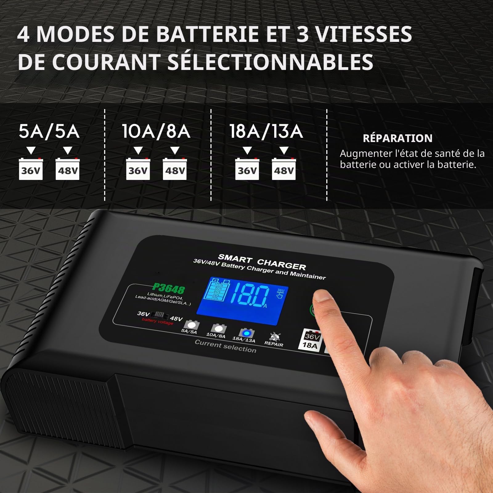 Haisito Chargeur de batterie de voiture P3648 36 V 18 A/48 V13 A turbulent intelligent pour batteries au lithium LiFePO4, batteries plomb-acide (AGM Gel MF, etc.), caravanes, motos, chariots de golf